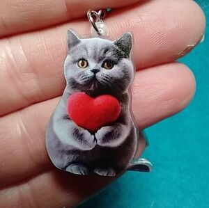 Grey cat with red heart wire dangle earrings valentine valentines day